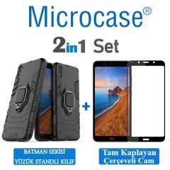 Microcase Xiaomi Redmi 7A Batman Serisi Yüzük Standlı Armor Kılıf - Siyah + Tam Kaplayan Çerçeveli Cam