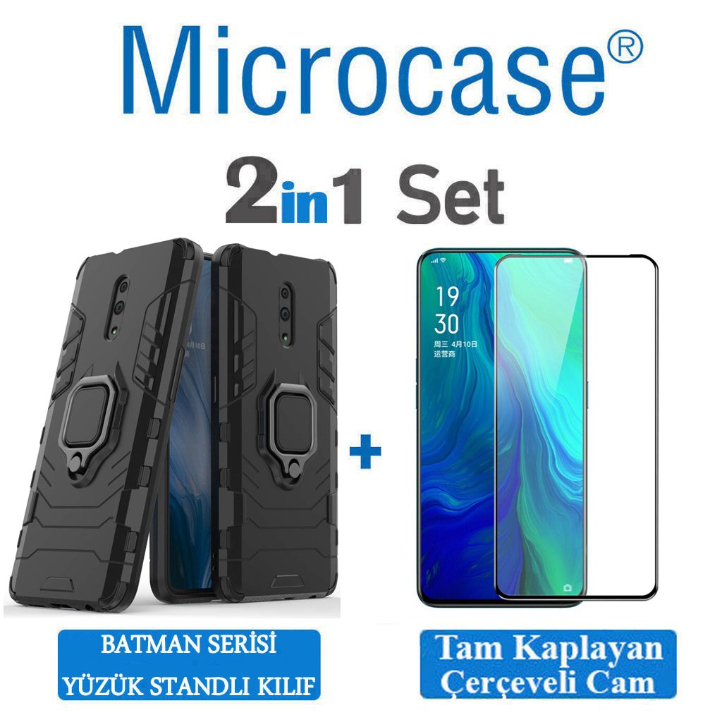 Microcase Oppo Reno Batman Serisi Yüzük Standlı Armor Kılıf - Siyah + Tam Kaplayan Çerçeveli Cam