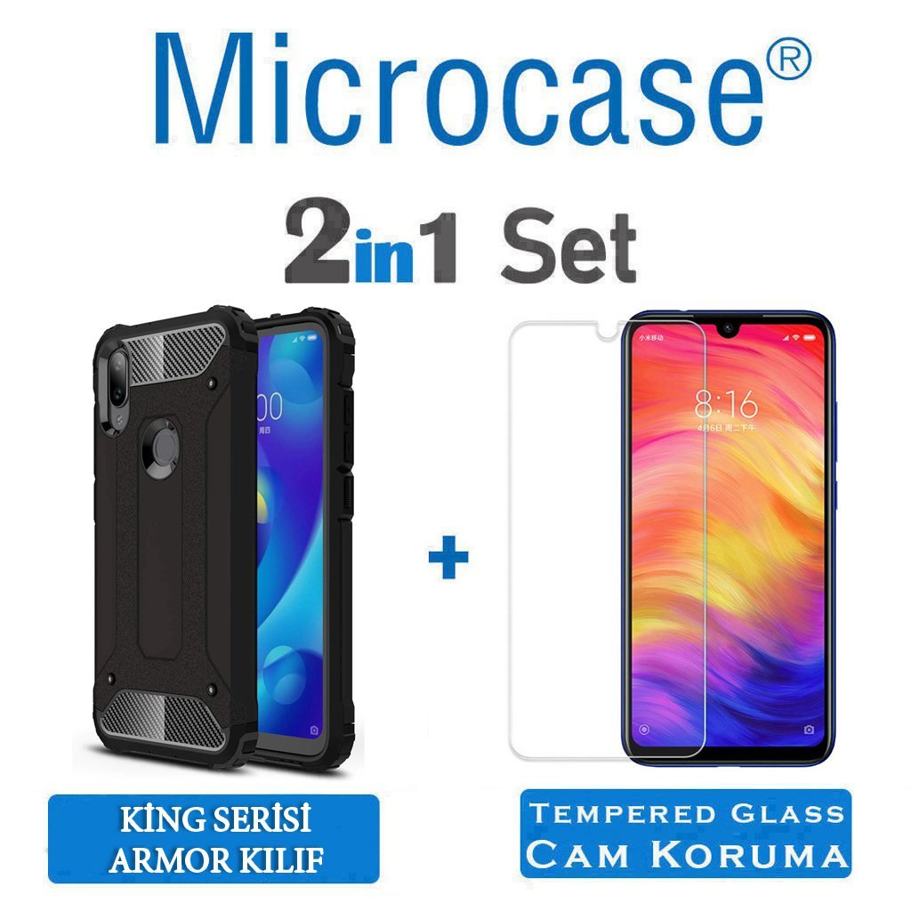 Microcase Xiaomi Redmi Note 7 - Note 7 Pro King Serisi Armor Perfect Koruma Kılıf Siyah + Tempered Glass Cam Koruma (SEÇENEKLİ)