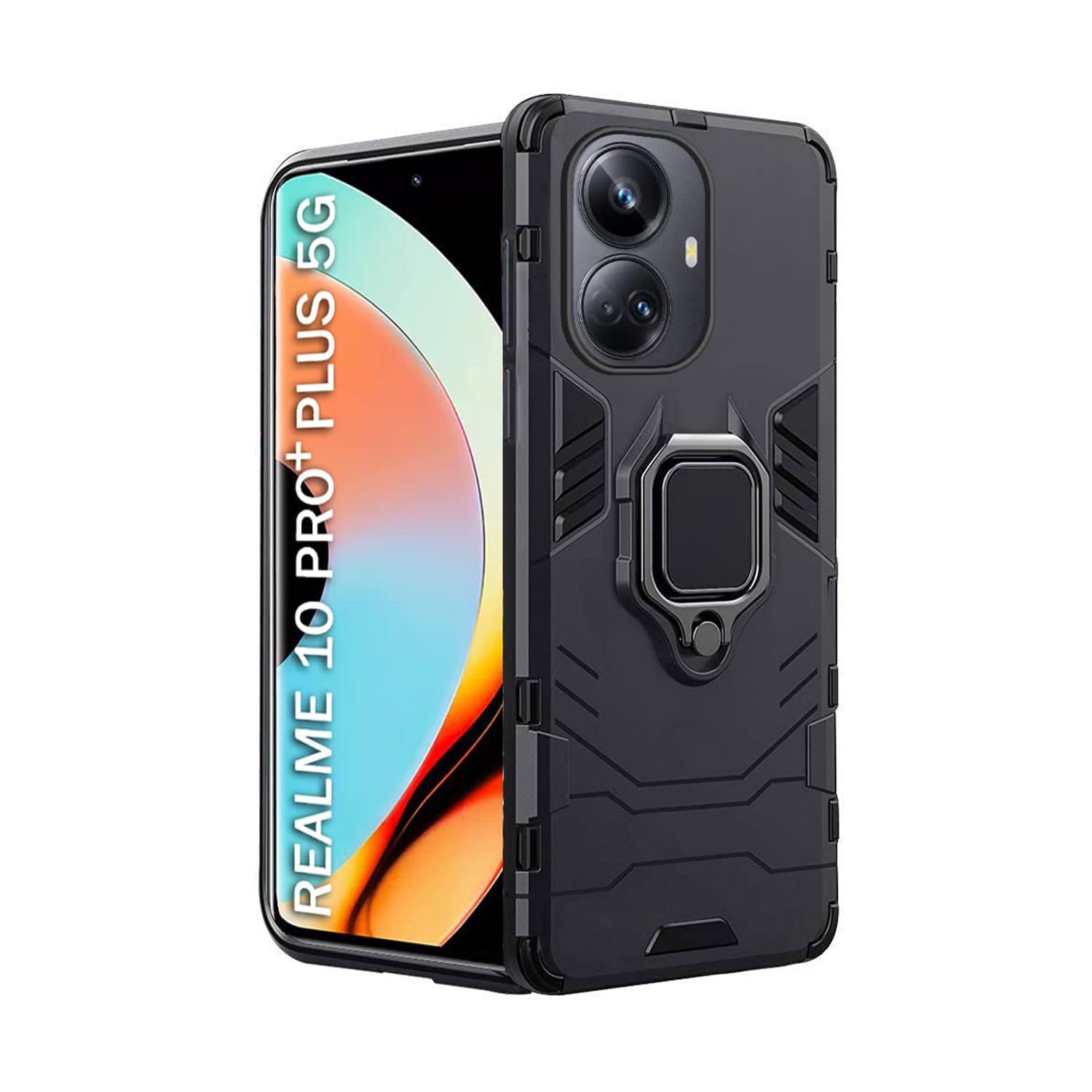 Microcase Realme 10 Pro Plus Batman Serisi Yüzük Standlı Armor Kılıf - Siyah AL3349