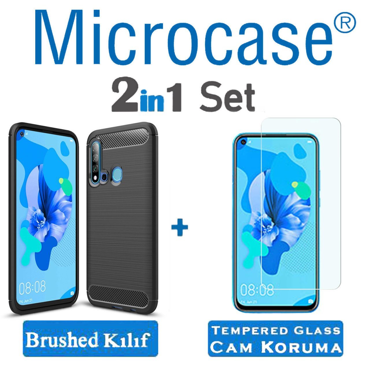Microcase Huawei Nova 5i Brushed Carbon Fiber Silikon Kılıf - Siyah + Tempered Glass Cam Koruma