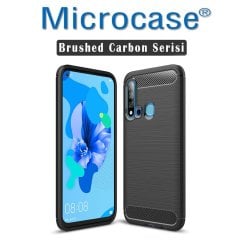 Microcase Huawei Nova 5i Brushed Carbon Fiber Silikon Kılıf - Siyah + Tempered Glass Cam Koruma
