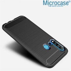 Microcase Huawei Nova 5i Brushed Carbon Fiber Silikon Kılıf - Siyah + Tempered Glass Cam Koruma