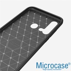 Microcase Huawei Nova 5i Brushed Carbon Fiber Silikon Kılıf - Siyah + Tempered Glass Cam Koruma