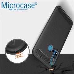 Microcase Huawei Nova 5i Brushed Carbon Fiber Silikon Kılıf - Siyah + Tempered Glass Cam Koruma
