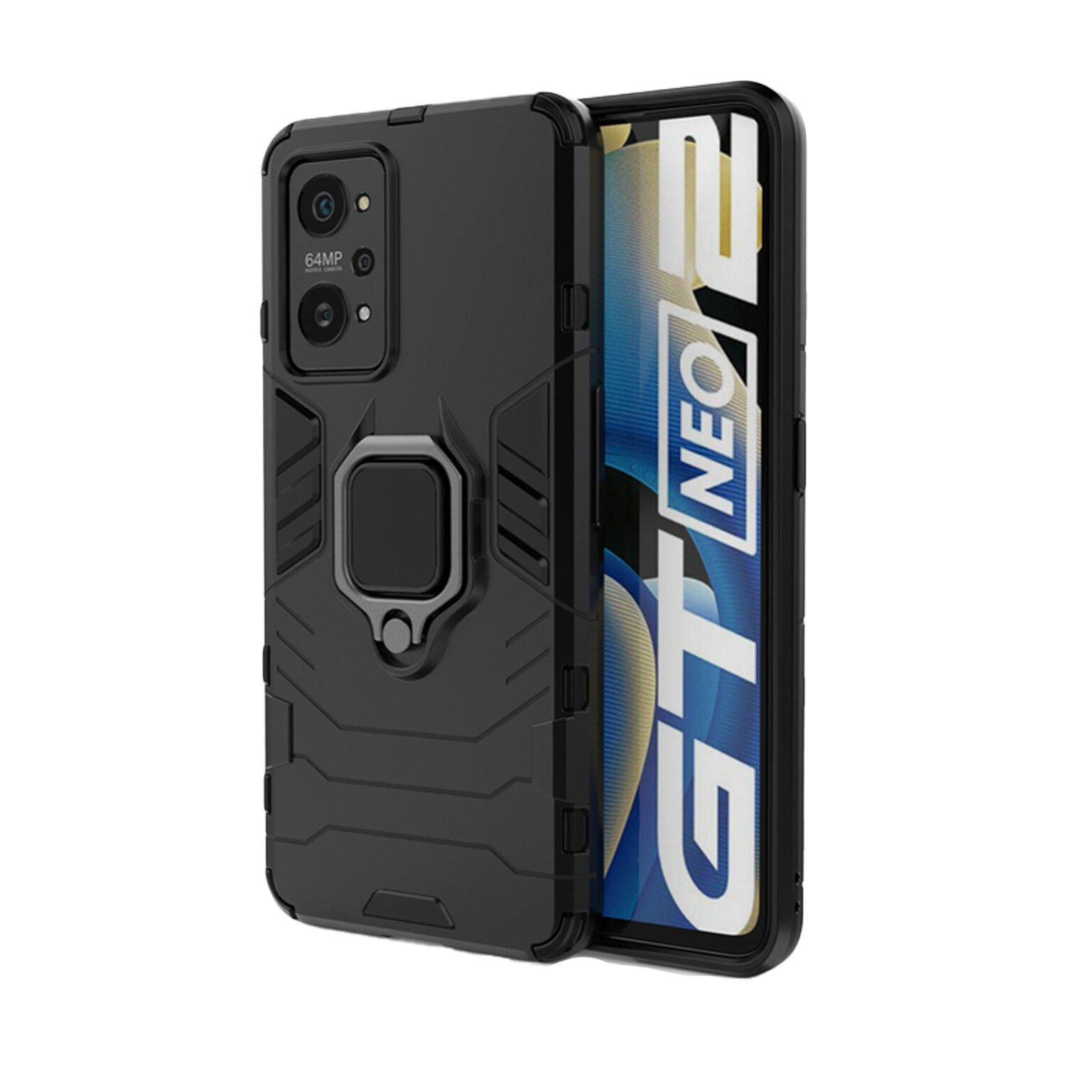 Microcase Realme GT2 / GT Neo 2 Batman Serisi Yüzük Standlı Armor Kılıf - Siyah AL3349