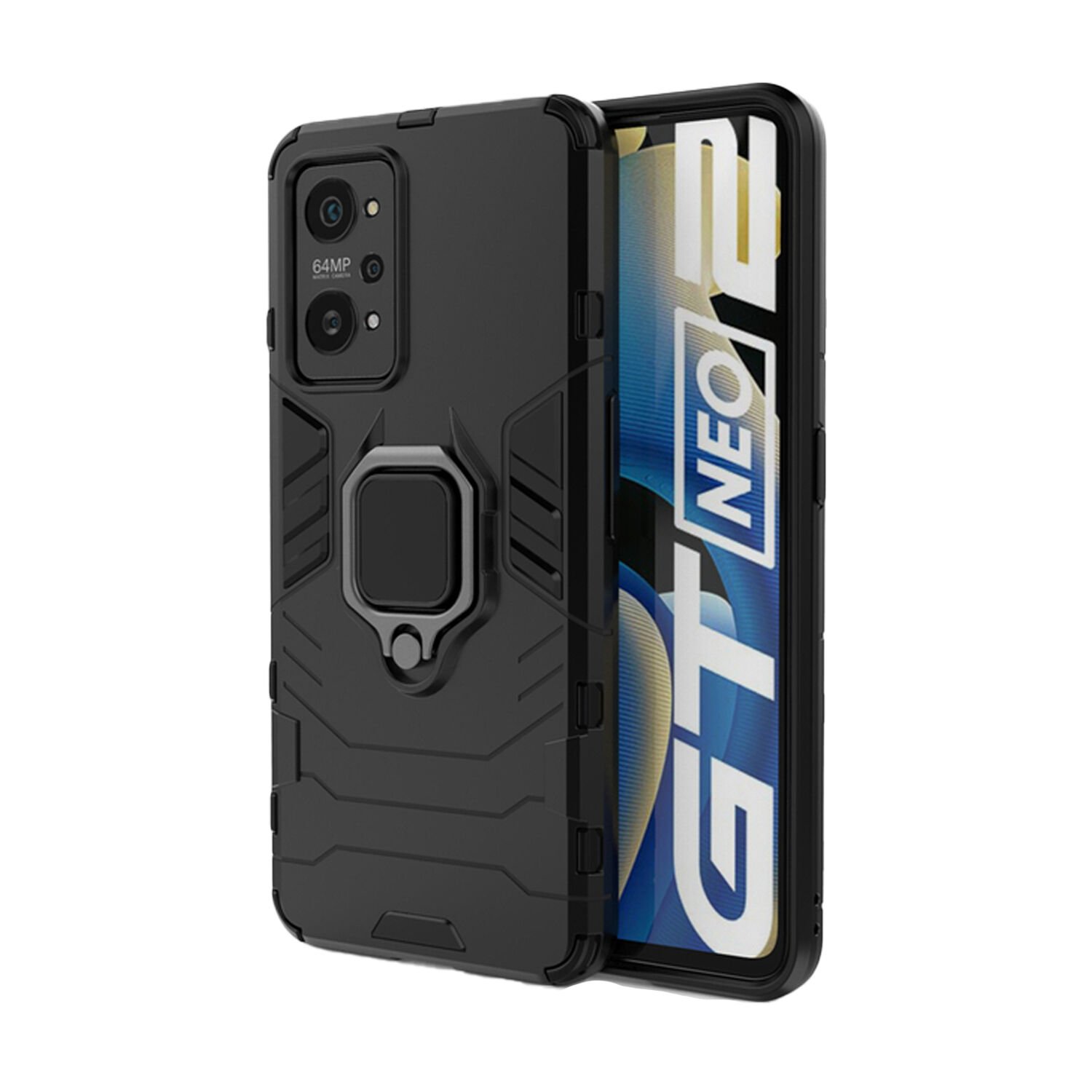 Microcase Realme GT2 / GT Neo 2 Batman Serisi Yüzük Standlı Armor Kılıf - Siyah AL3349