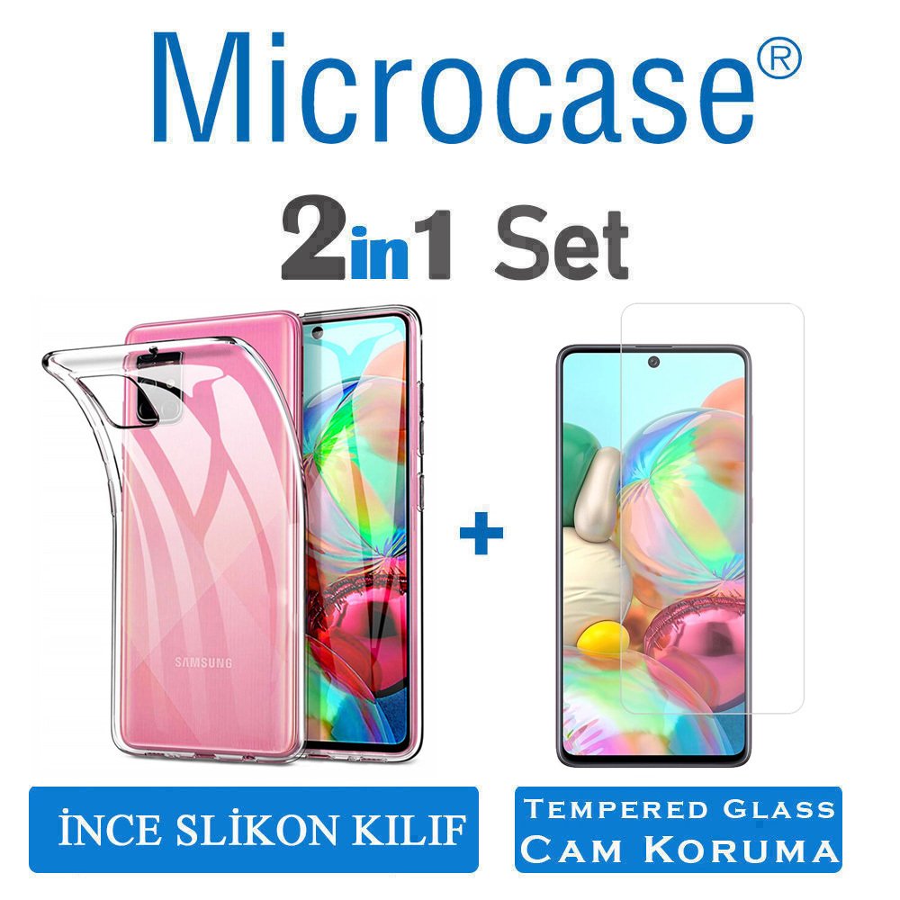 Microcase Samsung Galaxy A71 İnce 0.2 mm Soft Silikon Kılıf - Şeffaf + Tempered Glass Cam Koruma
