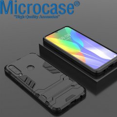 Microcase Huawei Y6P Alfa Serisi Armor Standlı Perfect Koruma Kılıf - Siyah + Tempered Glass Cam Koruma