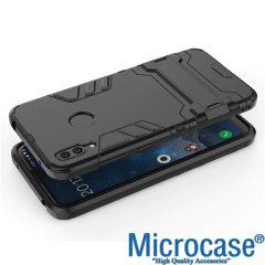 Microcase Huawei Y7 2019 Alfa Serisi Armor Standlı Perfect Koruma Kılıf - Siyah + Tempered Glass Cam Koruma