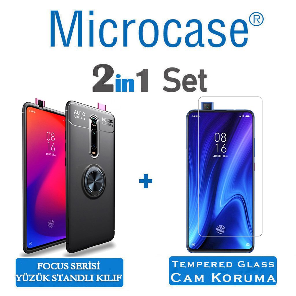 Microcase Redmi K20 - K20 Pro Focus Serisi Yüzük Standlı Silikon Kılıf - Siyah + Tempered Glass Cam Koruma