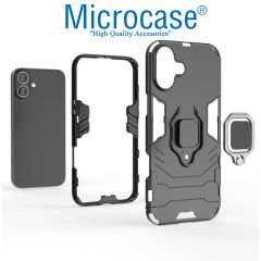Microcase Iphone 16 ile Uyumlu   Batman Serisi Yüzük Standlı Armor Kılıf - Siyah AL3349