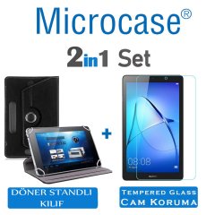 Microcase Huawei Mediapad T3 BG2-W09 7 inch WiFi Tablet Universal Döner Standlı Kılıf - Siyah + Tempered Glass Cam Koruma