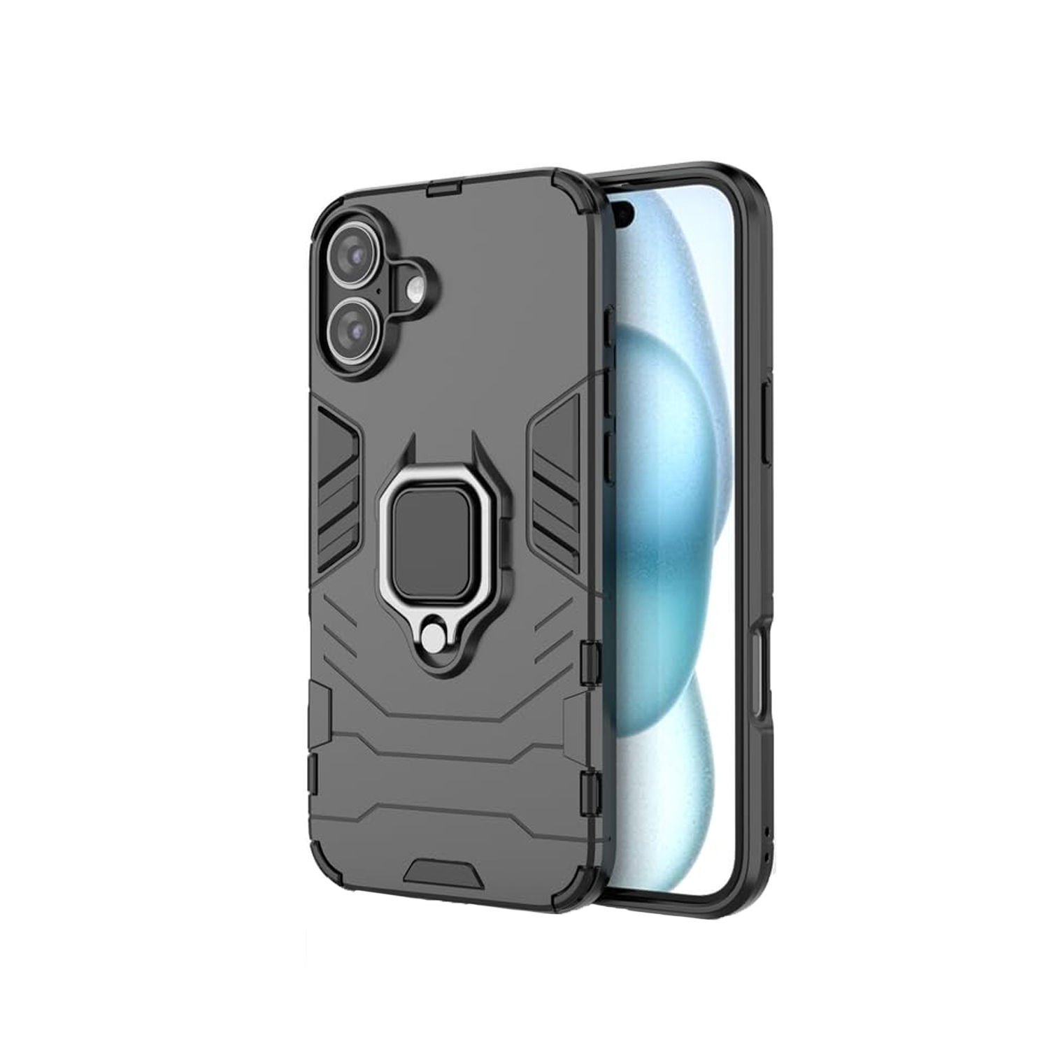 Microcase Iphone 16 Plus ile Uyumlu Batman Serisi Yüzük Standlı Armor Kılıf - Siyah AL3349
