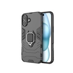 Microcase Iphone 16 Plus ile Uyumlu Batman Serisi Yüzük Standlı Armor Kılıf - Siyah AL3349