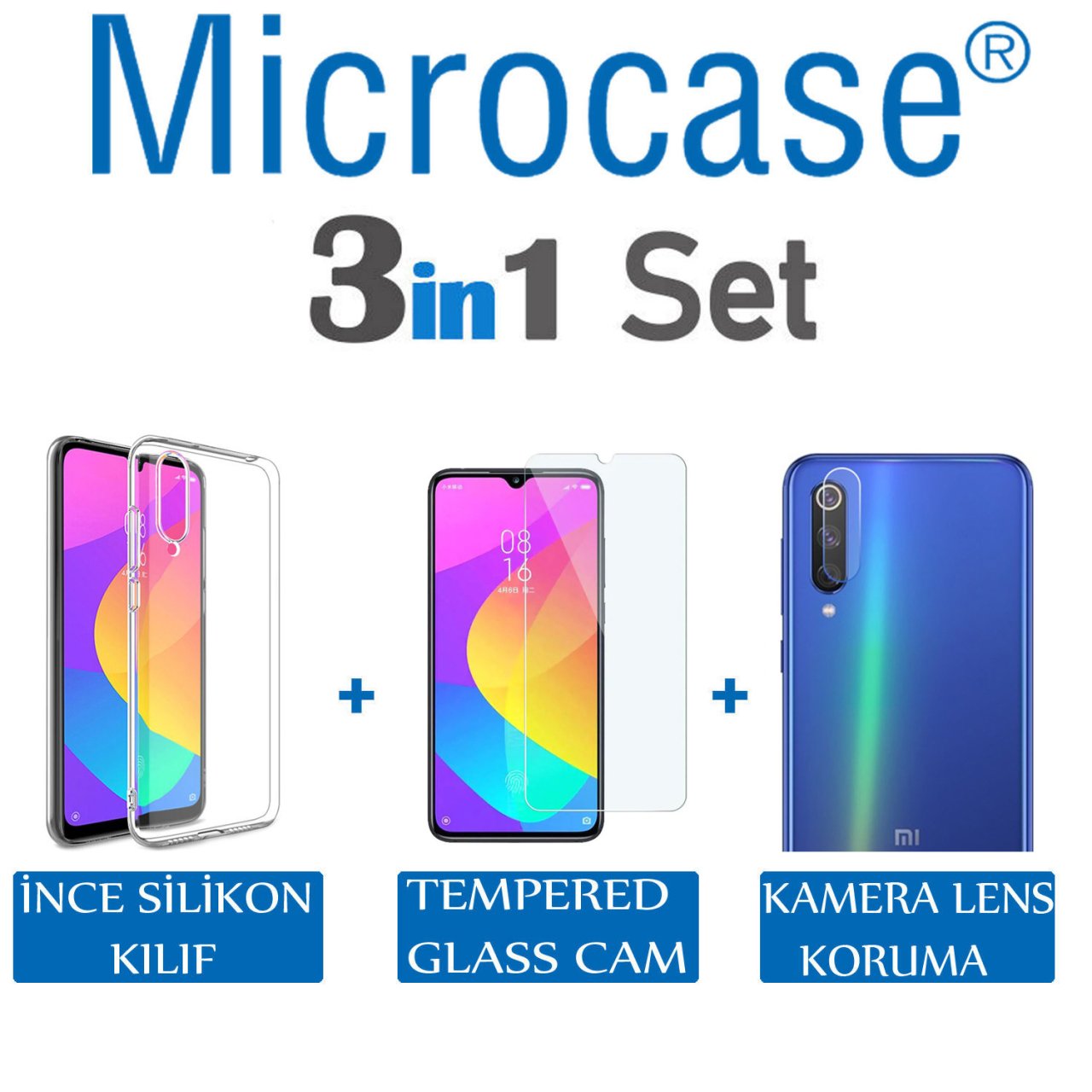 Microcase Xiaomi Mi A3 - Mi CC9e 0.2 mm İnce Silikon Kılıf + Tempered Glass Cam + Kamera Camı Lens Koruyucu