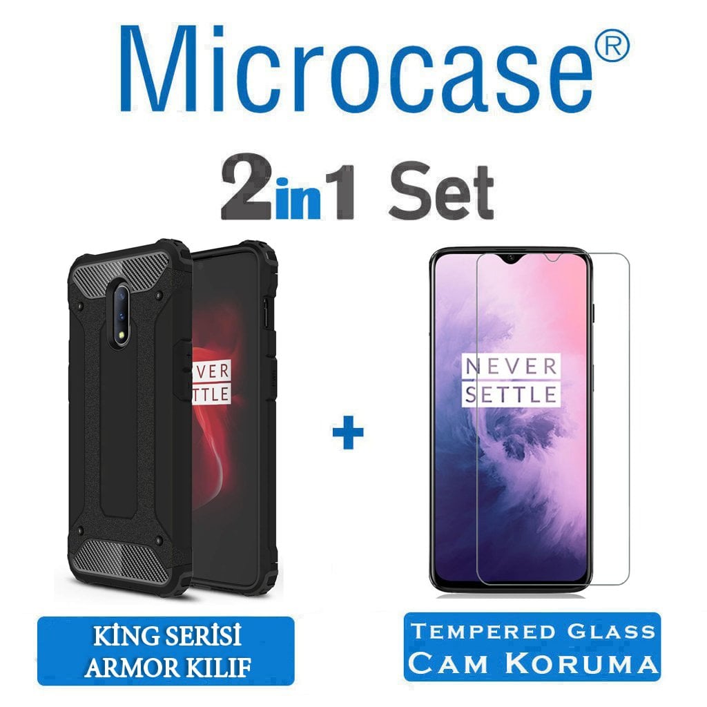 Microcase OnePlus 7 King Serisi Armor Perfect Koruma Kılıf Siyah + Tempered Glass Cam Koruma (SEÇENEKLİ)