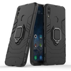Microcase Huawei Y7 2019 Batman Serisi Yüzük Standlı Armor Kılıf - Siyah + Tempered Glass Cam Koruma