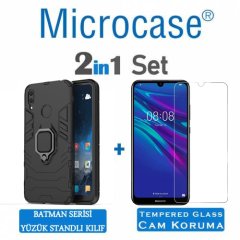 Microcase Huawei Y7 2019 Batman Serisi Yüzük Standlı Armor Kılıf - Siyah + Tempered Glass Cam Koruma