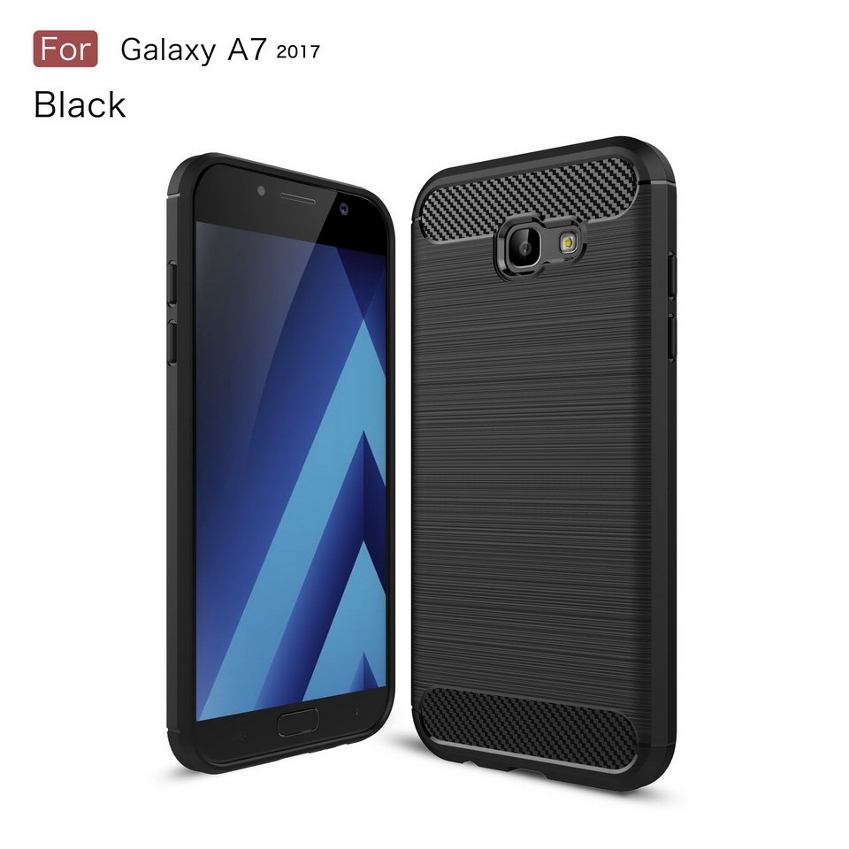 Galaxy A7 2017 Brushed Carbon Fiber Silikon TPU Kılıf + Tempered