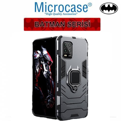 Microcase Xiaomi Mi10 Lite Batman Serisi Yüzük Standlı Armor Kılıf - Siyah