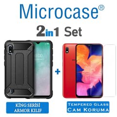 Microcase Samsung Galaxy A10 King Serisi Armor Perfect Koruma Kılıf Siyah + Tempered Glass Cam Koruma (SEÇENEKLİ)