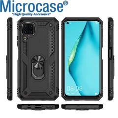 Microcase Huawei P40 Lite Anka Serisi Yüzük Standlı Armor Kılıf Siyah+Tempered Glass Cam Koruma