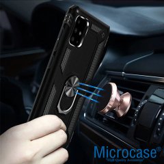 Microcase Huawei P40 Lite Anka Serisi Yüzük Standlı Armor Kılıf Siyah+Tempered Glass Cam Koruma