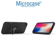 Microcase iPhone XR Batman Serisi Yüzük Standlı Armor Kılıf - Siyah + Tempered Glass Cam Koruma