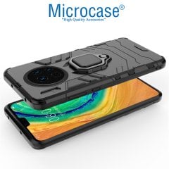 Microcase Huawei Mate 30 Batman Serisi Yüzük Standlı Armor Kılıf - Siyah + Tempered Glass Cam Koruma