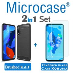 Microcase Huawei Nova 5 Pro Brushed Carbon Fiber Silikon Kılıf - Siyah + Tempered Glass Cam Koruma