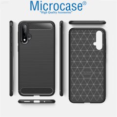 Microcase Huawei Nova 5 Pro Brushed Carbon Fiber Silikon Kılıf - Siyah + Tempered Glass Cam Koruma