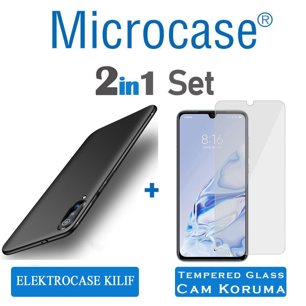 Microcase Xiaomi Mi 9 Pro Elektrocase Serisi Kamera Korumalı Silikon Kılıf - Siyah + Tempered Glass Cam Koruma
