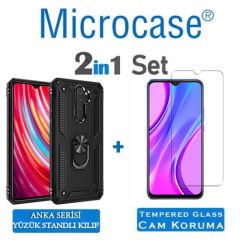 Microcase Xiaomi Redmi 9 Anka Serisi Yüzük Standlı Armor Kılıf Siyah+Tempered Glass Cam Koruma