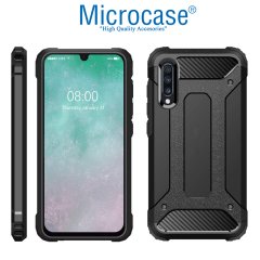 Microcase Samsung Galaxy A70 King Serisi Armor Perfect Koruma Kılıf Siyah + Tempered Glass Cam Koruma (SEÇENEKLİ)