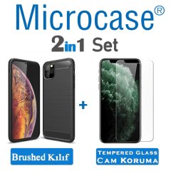 Microcase iPhone 11 Pro Brushed Carbon Fiber Silikon Kılıf - Siyah + Tempered Glass Cam Koruma