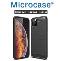 Microcase iPhone 11 Pro Brushed Carbon Fiber Silikon Kılıf - Siyah + Tempered Glass Cam Koruma