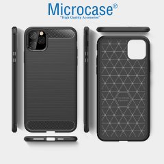 Microcase iPhone 11 Pro Brushed Carbon Fiber Silikon Kılıf - Siyah + Tempered Glass Cam Koruma