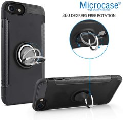 Microcase iPhone 7 Yüzük Standlı Armor Silikon Kılıf - Siyah + Tempered Glass Cam Koruma