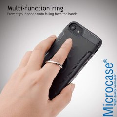 Microcase iPhone 7 Yüzük Standlı Armor Silikon Kılıf - Siyah + Tempered Glass Cam Koruma