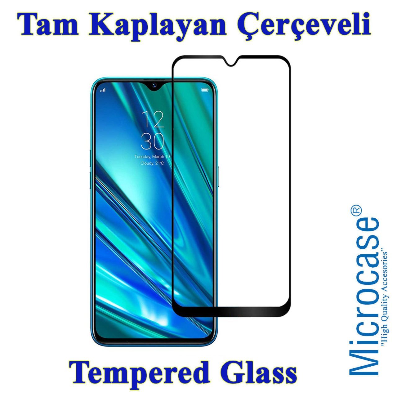 Microcase Realme 5 Pro Tam Kaplayan Çerçeveli Tempered Cam - Siyah