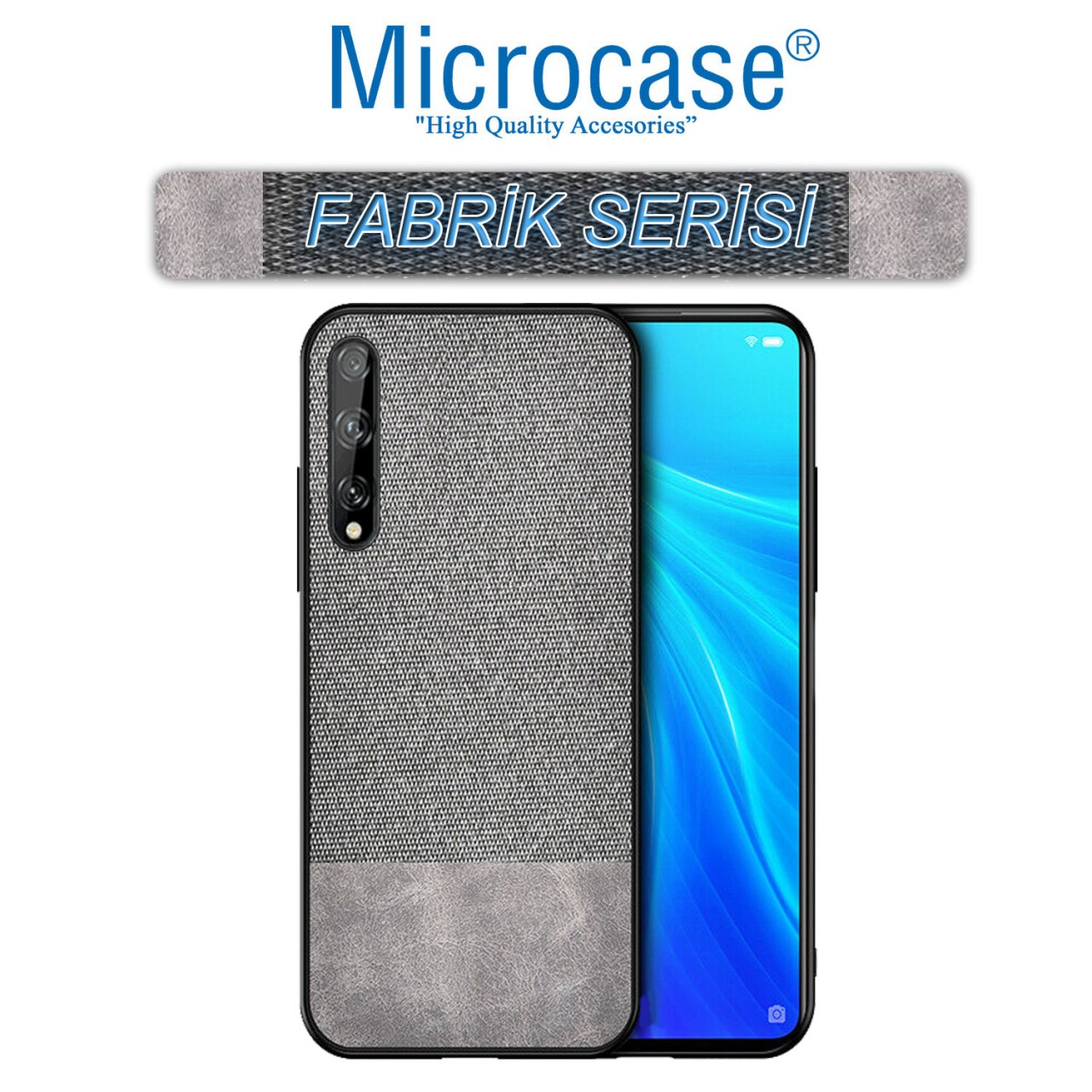 Microcase Huawei P Smart S - Y8P Fabrik Serisi Kumaş ve Deri Desen Kılıf - Gri