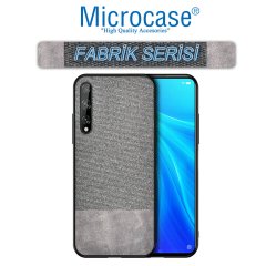 Microcase Huawei P Smart S - Y8P Fabrik Serisi Kumaş ve Deri Desen Kılıf  - Gri + Tempered Glass Cam Koruma