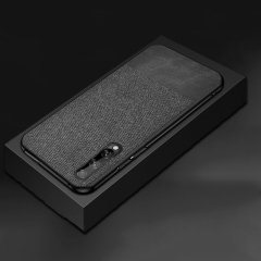 Microcase Huawei P Smart S - Y8P Fabrik Serisi Kumaş ve Deri Desen Kılıf  - Gri + Tempered Glass Cam Koruma
