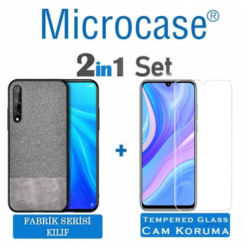 Microcase Huawei P Smart S - Y8P Fabrik Serisi Kumaş ve Deri Desen Kılıf  - Gri + Tempered Glass Cam Koruma