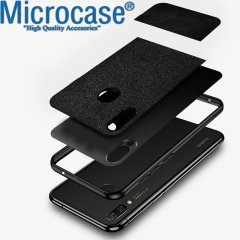 Microcase Huawei Y7 2019 Fabrik Serisi Kumaş ve Deri Desen Kılıf - Siyah