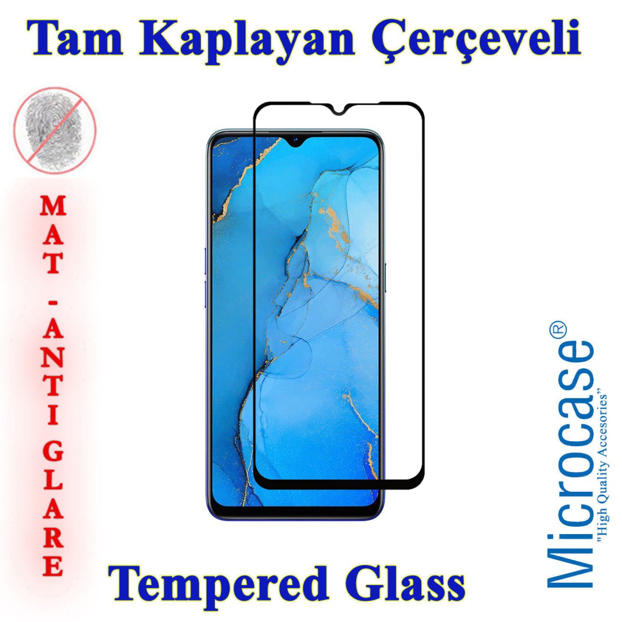 Microcase Oppo Reno 3 - Oppo A91 Tam Kaplayan Çerçeveli Tempered Ekran Koruyucu - Mat Siyah