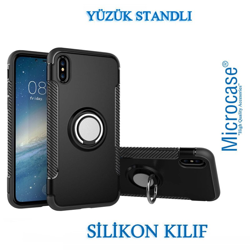 Microcase iPhone XS Max Yüzük Standlı Armor Silikon Kılıf - Siyah