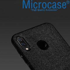 Microcase Huawei Y7 2019 Fabrik Serisi Kumaş ve Deri Desen Kılıf  - Siyah + Tempered Glass Cam Koruma