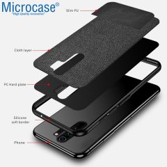 Microcase Huawei Y7 2019 Fabrik Serisi Kumaş ve Deri Desen Kılıf  - Siyah + Tempered Glass Cam Koruma